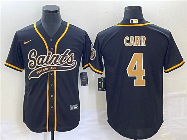 Men's New Orleans Saints #4 Derek Carr Black With Patch Cool Base Stitched Baseball Jersey